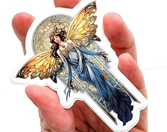 Butterfly Fairy Sticker, Stained Glass Art Nouveau Mucha Celestial Spring Maiden Artwork, Vinyl Decal for Laptop, Waterbottle, Die Cut