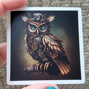 Steampunk Owl Sticker, Clockwork Owl Tophat Decal, Waterproof Laptop Sticker, Steampunk Clock Gears Cogs Owl