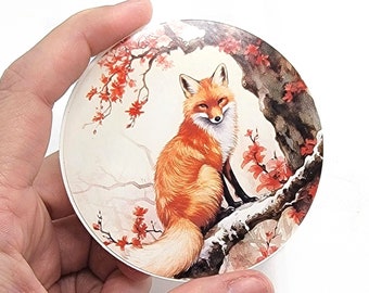 Watercolor Red Fox Sticker, Sakura Fox Forest Waterproof Vinyl Decal, Kitsune Fox Artwork, 3 Inch Sticker, Winter Snow Red Fox Laptop Decal