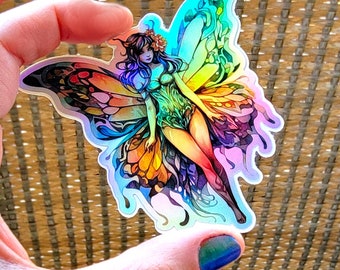 Holo Butterfly Fairy Die Cut Sticker Vinyl Decal, Faerie Oil Slick Sticker, Winged Fairy Holographic Waterproof Sticker, 3 Inch Sticker
