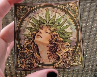 420 Art Nouveau Spring Maiden Illustration, Cannabis Green Goddess Sticker, Weed Sticker, Stoner Gift Ganja Mother Nature Waterproof Sticker