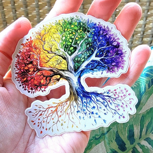 Rainbow Tree of Life, Chakra Full Bloom Tree Decal, Yggdrasil Tree 3 Inch Waterproof Sticker, LGBTQIA+ Pride Rainbow Tumbler Water Bottle