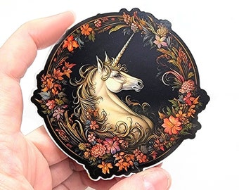 Renaissance Unicorn Sticker, Medieval Unicorn Waterproof Vinyl Decal, Magical Unicorn Tapestry Artwork, 3 Inch Die Cut Sticker Laptop Decal