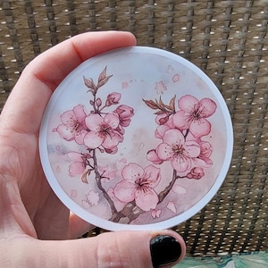 Sticker fleur de cerisier, sticker fleur Sakura rose, sticker vinyle imperméable, aquarelle japonaise, bouteille d'eau pour ordinateur portable rose