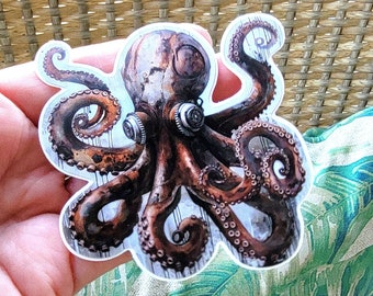 Steampunk Octopus Sticker, Die Cut Clockwork Octo Tophat Decal, Waterproof Laptop Sticker, Steampunk Clock Gears Cogs Cephalopod