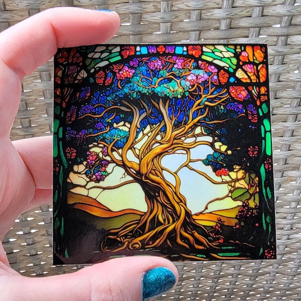 Stained Glass Tree of Life Square Vinyl Sticker, Tiffany Glass Wheel of the Year Tree Decal, Yggdrasil Four Seasons Celtic Tree, Waterproof