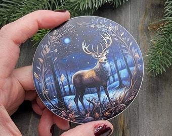 Yule Deer Sticker, Winter Solstice Stag Decal, Yuletide Vinyl Decal Sticker, Mother Deer, Pagan Christmas, 3 Inch Waterproof Sticker, Wiccan