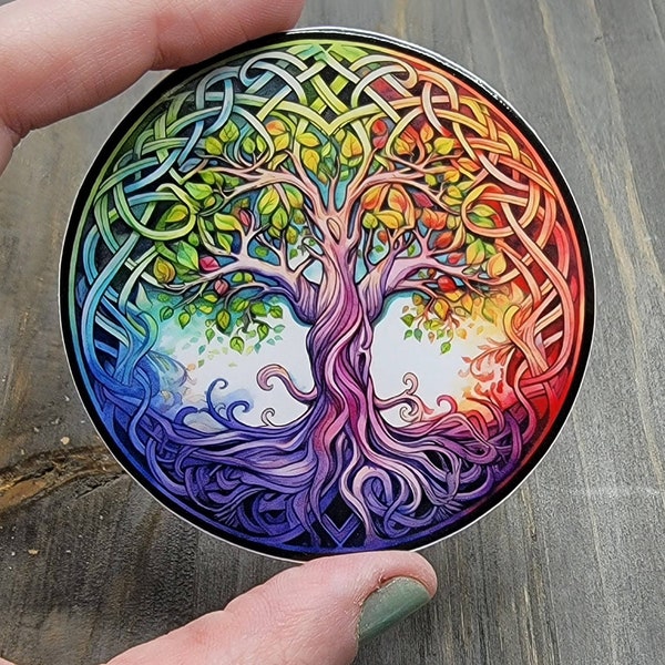 Rainbow Tree of Life, Chakra Celtic Knot Tree Decal, Yggdrasil Tree 3 Inch Waterproof Sticker, LGBTQIA+ Pride Rainbow Tumbler Water Bottle