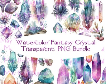 Crystal Watercolor Clipart, Watercolor Fantasy Quartz Crystal Art, Transparent clipart,  Bundle PNG, Magic clipart, Instant Download