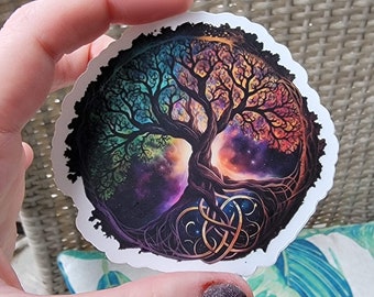 Galaxy Tree of Life Vinyl Sticker, Wheel of the Year Tree Decal, Nebula Yggdrasil Four Seasons Celtic Knot Tree, 3 Inch Waterproof Sticker