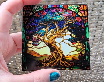 Stained Glass Tree of Life Square Vinyl Sticker, Tiffany Glass Wheel of the Year Tree Decal, Yggdrasil Four Seasons Celtic Tree, Waterproof