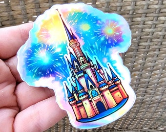 Magic Kingdom Castle Holographic Die Cut Sticker Vinyl Decal, Holo Cinderella Castle Fireworks Sticker, Holographic waterproof decal Disney