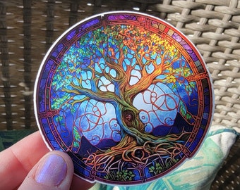 Stained Glass Tree of Life Vinyl Sticker, Wheel of the Year Tree Decal, Yggdrasil Four Seasons Celtic Knot Tree, 3 Inch Waterproof Sticker