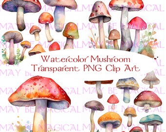 Champignon aquarelle Clipart, aquarelle forêt art, Transparent Fantasy clipart, champignons Bundle PNG, clipart magique, téléchargement immédiat