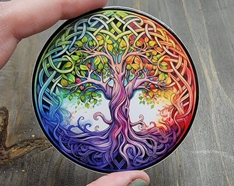 Rainbow Tree of Life, Chakra Celtic Knot Tree Decal, Yggdrasil Tree 3 Inch Waterproof Sticker, LGBTQIA+ Pride Rainbow Tumbler Water Bottle