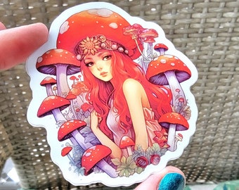 Mushroom Fairy Sticker, Mushroom Festival Princess Decal, Red Mushroom Girl, Boho Hippie Mushroom Chick Sticker, Forestcore, Sun Crown, Rave