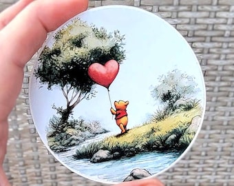Winnie the Pooh Red Balloon Sticker, Watercolor Classic Pooh Artwork, Waterproof Decal, Silly Old Bear 100 Acre Woods, AA Milne, Love Heart