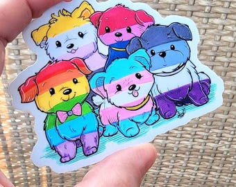 Rainbow Pride Dogs Sticker, Pride Puppies, LGBTQIA+ Pride Flag Vinyl Decal, Bi, Trans, Ace, Lesbian, Pan, Nonbinary, Rainbow Flag
