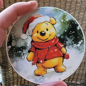 Sticker père Noël Winnie l'ourson, oeuvre d'art classique aquarelle ourson de Noël, sticker imperméable, vieil ours stupide 100 acres de bois AA Milne