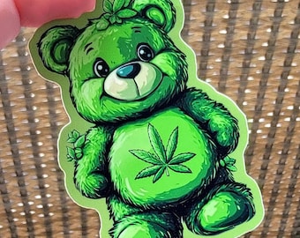 420 Weed Bear, Cannabis Green Don't Care Bear Sticker, Weed Sticker, Stoner Gift Ganja Pot Bear Waterproof Vinyl Decal Vintage 80s GenX Toys