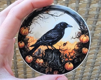 Raven Halloween Sticker, Glossy Vintage Crow Black Bird Vinyl Decal, Waterproof Sticker, Jack O Lantern, Spooky Tree Nevermore Poe