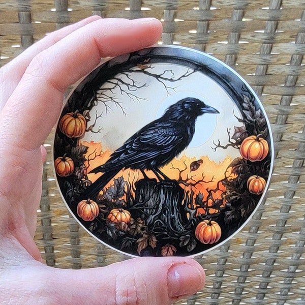 Raven Halloween Sticker, Glossy Vintage Crow Black Bird Vinyl Decal, Waterproof Sticker, Jack O Lantern, Spooky Tree Nevermore Poe