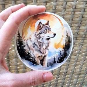 Watercolor Wolf Full Moon Sticker, Wolf Forest Waterproof Vinyl Decal, Brown Wolf Full Moon Artwork, 3 Inch Sticker, Wolf in the Wild Laptop