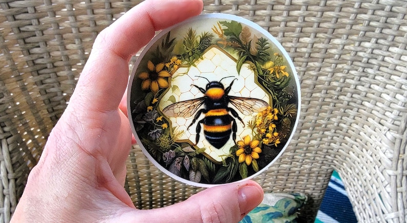 Bumblebee Sticker, Honey Bee Vinyl Decal, Bee Sunflower Honeycomb Waterproof Sticker, 3 inch Bee Flower Circle Sticker, Save the Bees Nature image 1