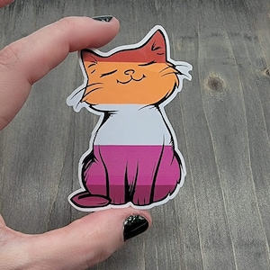 Op de afbeelding: Een sticker van een cartoonkat met oranje, witte en roze strepen, die de lesbische pride-vlag voorstellen.