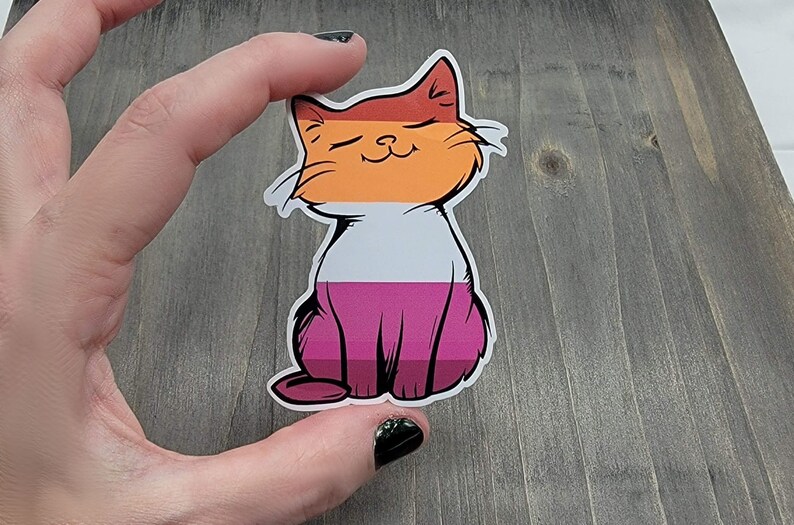 Op de afbeelding: Een sticker van een cartoonkat met oranje, witte en roze strepen, die de lesbische pride-vlag voorstellen.