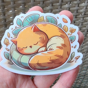Cat Nap Sticker Vinyl Decal, Ginger Cat Sticker, Orange Cat Sticker, Cute Croissant Cat Cartoon Anime Kawaii Laptop Decal Die Cut Waterproof