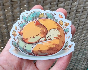 Cat Nap Sticker Vinyl Decal, Ginger Cat Sticker, Orange Cat Sticker, Cute Croissant Cat Cartoon Anime Kawaii Laptop Decal Die Cut Waterproof