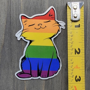 Op de afbeelding: Een regenboogkleurige katten sticker met een gelukkige uitdrukking. De kat zit met gekruiste poten en heeft een regenboogkleurig lichaam met een kleurenschema van rood, oranje, geel, groen, blauw, indigo en violet.