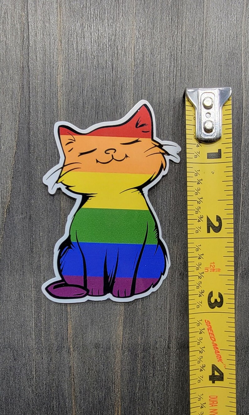 Op de afbeelding: Een regenboogkleurige katten sticker met een gelukkige uitdrukking. De kat zit met gekruiste poten en heeft een regenboogkleurig lichaam met een kleurenschema van rood, oranje, geel, groen, blauw, indigo en violet.