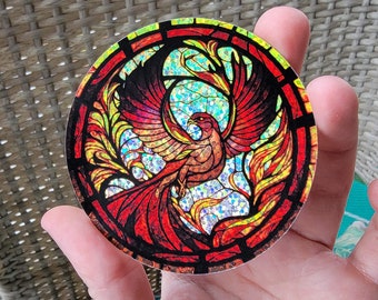 Phoenix Holographic Sticker Vinyl Decal, Holo Glitter Firebird Sticker, Stained Glass Phoenix Fire Bird Holographic 3 Inch waterproof decal