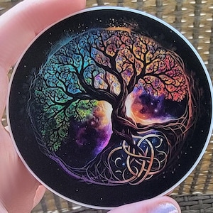 Galaxy Tree of Life Vinyl Sticker, Wheel of the Year Tree Decal, Nebula Yggdrasil Four Seasons Celtic Knot Tree, 3 Inch Waterproof Sticker