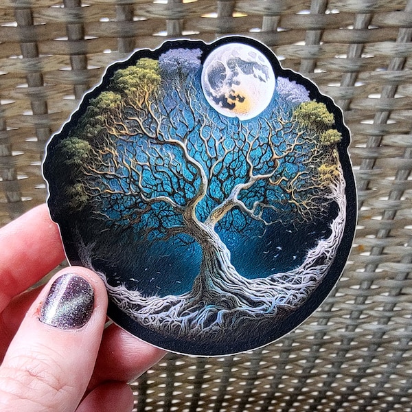 Moon Tree of Life Vinyl Sticker, Night Sky Tree Decal, Yggdrasil Celestial Celtic Knot Tree, 3 Inch Waterproof Sticker, Lunar Full Moon Tree