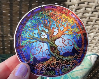 Stained Glass Tree of Life Vinyl Sticker, Wheel of the Year Tree Decal, Yggdrasil Four Seasons Celtic Knot Tree, 3 Inch Waterproof Sticker