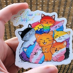 Sticker chat vous êtes Purrfect Fierté, chat arc-en-ciel, LGBTQIA + drapeau de la fierté chat vinyle sticker autocollant Bi Trans Ace Lesbian Pan drapeau arc-en-ciel non binaire