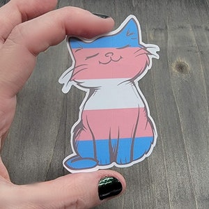 Op de afbeelding: Een sticker met een cartoonkat met een transgender pride flag ontwerp. De kat zit met zijn ogen dicht en een glimlach op zijn gezicht.