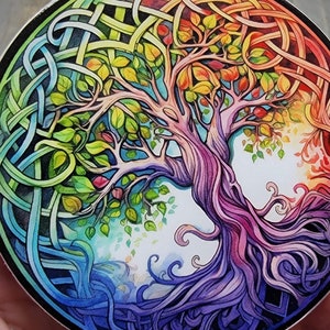 Rainbow Tree of Life, Chakra Celtic Knot Tree Decal, Yggdrasil Tree 3 Inch Waterproof Sticker, LGBTQIA Pride Rainbow Tumbler Water Bottle image 2