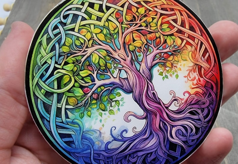 Rainbow Tree of Life, Chakra Celtic Knot Tree Decal, Yggdrasil Tree 3 Inch Waterproof Sticker, LGBTQIA Pride Rainbow Tumbler Water Bottle image 2