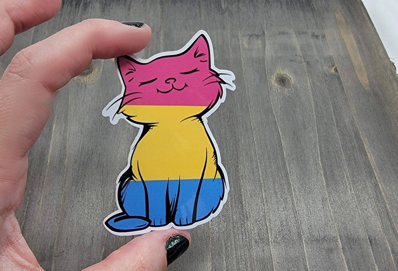Op de afbeelding: Een sticker van een cartoonkat met roze, gele en blauwe strepen, die de panseksuele pride-vlag voorstellen.