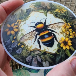 Bumblebee Sticker, Honey Bee Vinyl Decal, Bee Sunflower Honeycomb Waterproof Sticker, 3 inch Bee Flower Circle Sticker, Save the Bees Nature image 2
