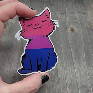 Op de afbeelding: Een sticker van een cartoonkat met een roze, paarse en blauwe kleurstelling, die de biseksuele pride-vlag voorstelt.