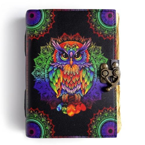 Al-Amir Handmade Owl Mandala Printed Leather Journal with Vintage Lock and Deckle Edge Paper
