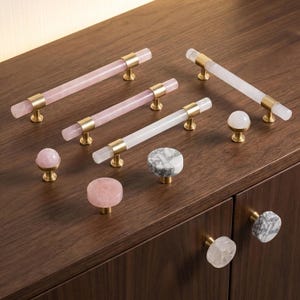 Tirador de cuarzo rosa: Tirador de cristal para armario, pomos de cajón de color turquesa blanco.