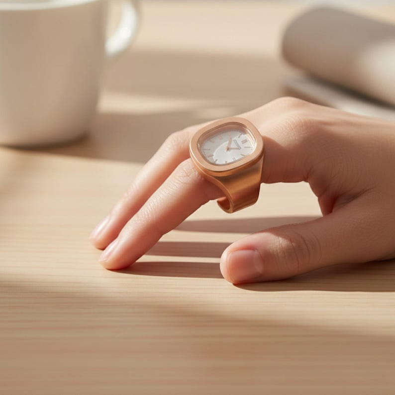 May include: A gold-coloured ring watch with a square face and white dial is worn on a finger. The watch has a minimalist design, with a simple face and hands. The ring is made of a shiny metal and appears to be a unique piece of jewellery.