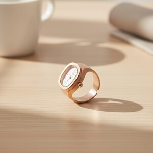 May include: A rose gold ring watch with a white face and black hands. The watch has an oval face and a band that wraps around the finger. A unique piece of jewellery.