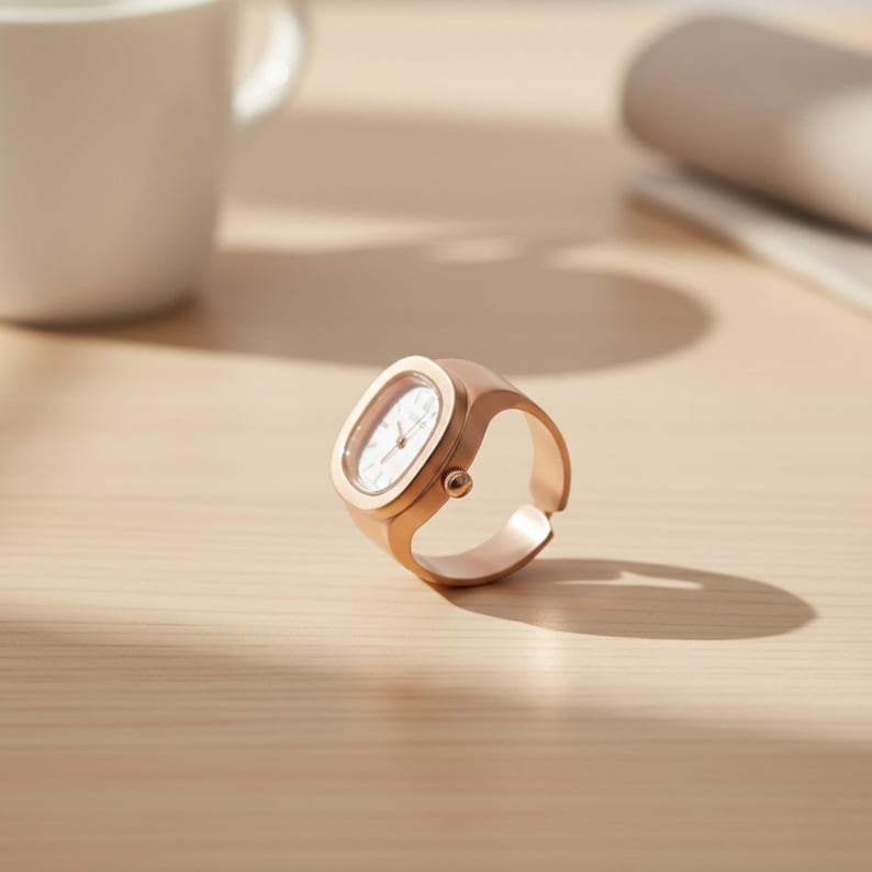 May include: A rose gold ring watch with a white face and black hands. The watch has an oval face and a band that wraps around the finger. A unique piece of jewellery.